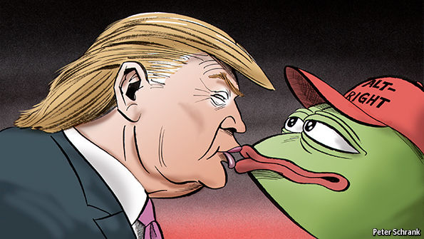 Trump and alt-right mascot Pepe the Frog kissing.